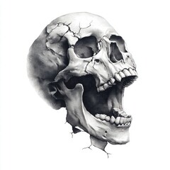 Obraz premium A detailed black and white illustration of a human skull with open mouth and visible teeth.