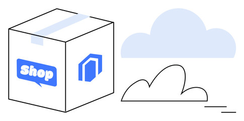 Package box with shop and store icon next to abstract cloud shapes. Ideal for ecommerce, logistics, delivery, shipping, online stores, cloud services, digital connection, simple flat metaphor