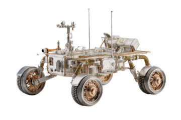 Detailed illustration of a space rover.  Detailed view of the rover's chassis, wheels, and internal components