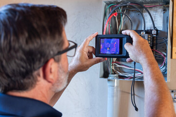home inspector taking infrared thermography camera pictures of an electrical panel