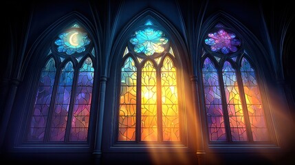 Fototapeta premium Illuminated stained glass windows in a gothic cathedral bathed in sunlight.