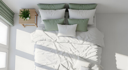 Serene Bedroom Aesthetic: Elevated View of Bedding, Pillows, Table with Plant