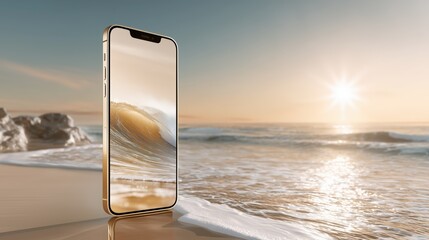 Modern smartphone on sandy beach reflecting ocean waves at sunset for travel advertising and lifestyle technology marketing.

