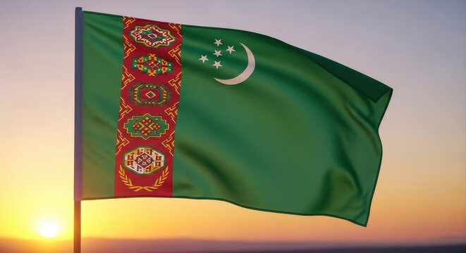 turkmenistan flag waving against vibrant sunset sky, highlighting its green color, crescent moon, stars, and intricate patterns. national pride, turkmen independence day - Powered by Adobe