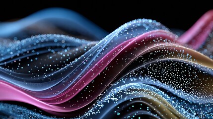 Vibrant wavy particles swirling across dark background, generating dynamic digital visualization representing technological innovation and scientific abstraction