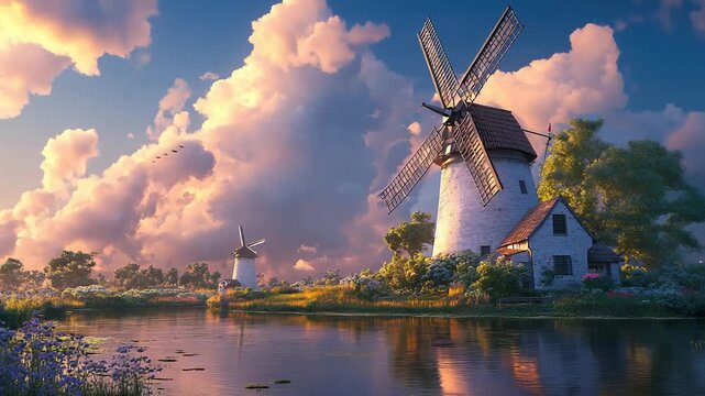 Traditional windmill standing tall under wide cloudy blue sky creating peaceful rural atmosphere
