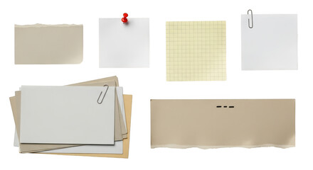 Collection of various paper scraps, notes, and envelopes, isolated on transparent background