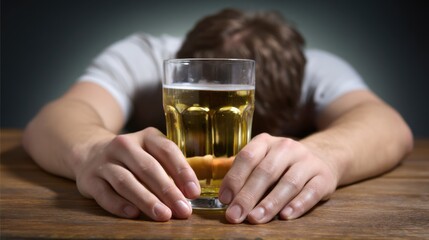 Adult male slumped on a wooden table, hand near glass of drink, depicting severe alcohol intoxication, chronic alcoholism, and profound psychological dependence.