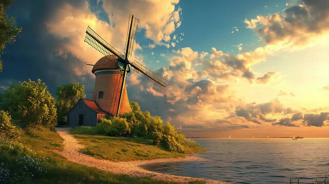 Traditional windmill stands proudly on a green hill beneath a glowing colorful sky at sunset
