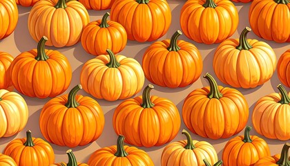 Obraz premium A vibrant display of pumpkins, arranged in a repeating pattern, showcasing warm autumnal colors and a cheerful, harvest-themed composition.