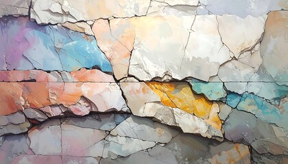 Fototapeta premium A vibrant abstract artwork portrays a fractured rock formation, showcasing a spectrum of pastel colors and textures.