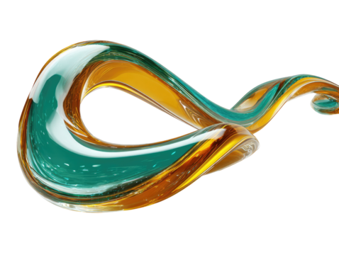 Abstract, fluid, glass-like form in amber and teal colors, swirling and flowing in a continuous loop