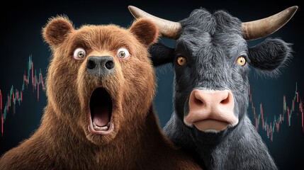 The bear and bull market concept visualized with surprised animals and a stock chart background.