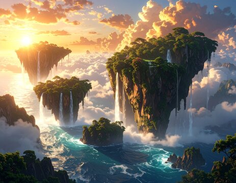 Heavenly city in the clouds with mystical waterfall - Powered by Adobe