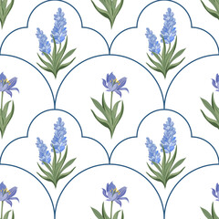 Elegant seamless vector pattern with large lavender and iris flowers on white background, perfect for textile, wallpaper, and decorative design projects, conveying freshness and natural beauty.