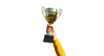 Hand holding up a golden trophy cup in celebration isolated on transparent background