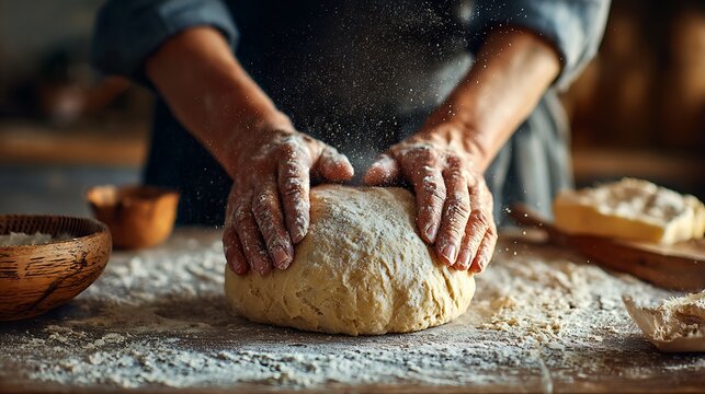 Awesome photo of hands kneading dough on a floured wooden surface, baking preparation.
