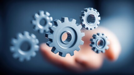 Gears held in hand, representing industry and technology working together in progress.
