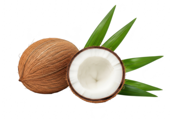 Whole coconut and half coconut with green leaves isolated on transparent background