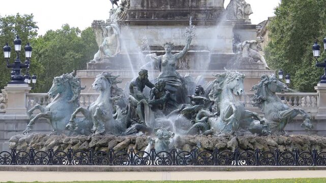 Chariot and quadriga of horses of the Triumph of the Concorde of the Monument aux Girondins fountain on Quincones square in Bordeaux, France