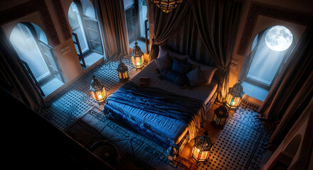 Fototapeta premium Serene Bedroom Illuminated By Moonlight And Lanterns Offers Calm And Tranquility Experience
