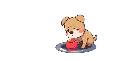 A cute, sad puppy sits on a metal plate, looking down at a red apple.