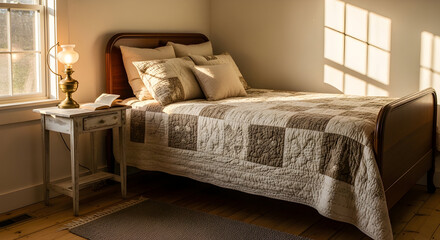 Serene Bedroom Illuminated By Sunlight, Classic Bedding And Vintage Aesthetic