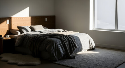 Serene Bedroom Illuminated By Sunlight, Showcasing Comfort And Modern Interior Design