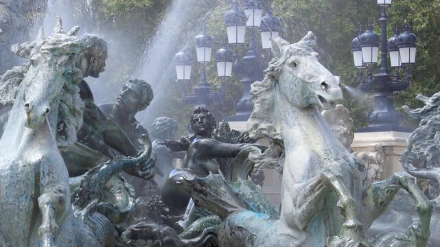 Sculptures of horses of the Triumph of the Concorde of the Monument aux Girondins fountain on Quincones square in Bordeaux, France