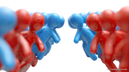 Two opposing lines of small, stylized figures, red and blue, marching towards each other