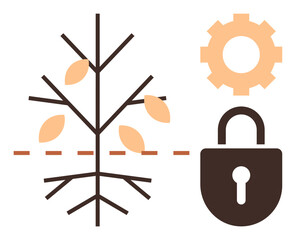 Tree shedding leaves with a dashed line suggests change, a gear symbolizes process and innovation, and a lock indicates security. Ideal for sustainability, technology, agriculture, growth