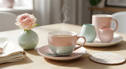 Fototapeta premium Serene Morning: Cup Of Coffee, Pink Rose, And Delicate Pottery Arranged On a Table