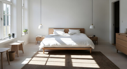 Serene Bedroom Interior Showcasing Modern Design And Natural Light At Morning Time