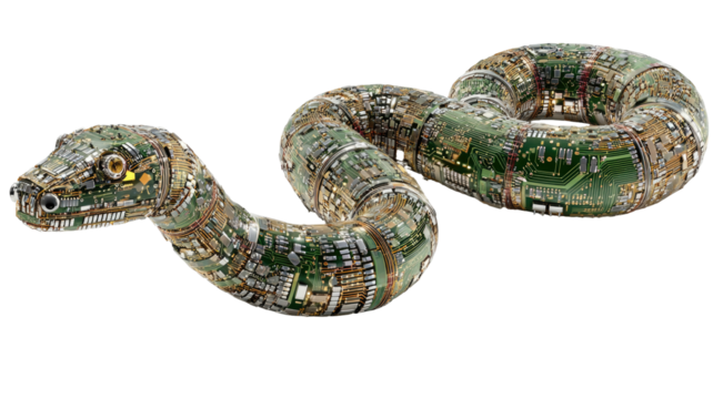 A snake composed of intricate circuit board patterns, creating a complex, almost textured, organic form.  Its body coils in a natural, flowing manner.