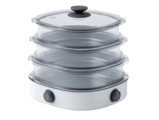 Stacked, clear glass steamer with white base