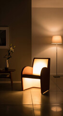 Fototapeta premium Illuminated chair in a modern interior with soft, warm lighting, the chair's curves and lines accentuated by a gentle glow, set against a calming backdrop of muted color