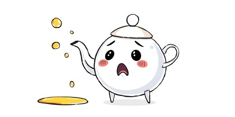 A surprised and shocked teapot with a face drips yellow liquid onto the ground.
