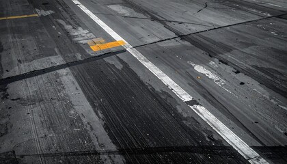Close-up view of a weathered asphalt surface marked with faded lines.