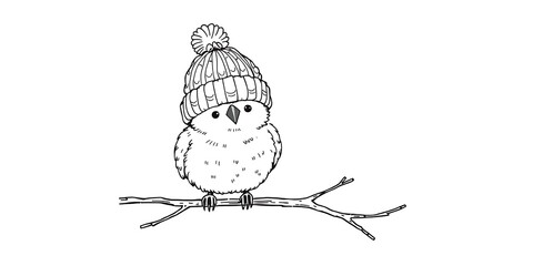 A cute, chubby bird with a knitted beanie sits on a tree branch in a black and white sketch.