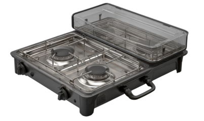 Portable two-burner camping stove with a clear protective cover