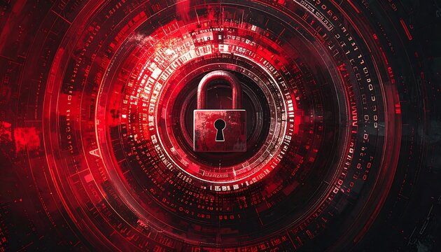 A digital security lock graphic displays a complex network of concentric rings and binary code.