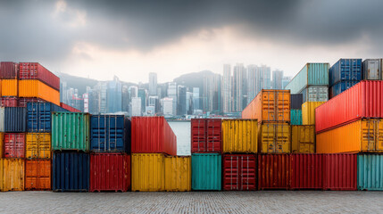 Obraz premium Colorful shipping containers stacked in port with city skyline in background, creating vibrant urban scene. contrast of colors against cloudy sky adds dramatic effect