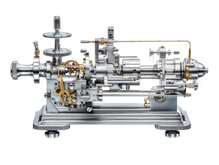 Precision machine, intricate components.  Complex, metallic apparatus.  Detailed engineering.  Small, detailed machine.  Engine, mechanical, scientific.  Precisely crafted.  Engraved parts.