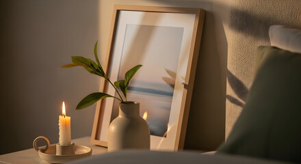 Fototapeta premium Serene Scene Featuring Candlelight, Artwork and Soft Lighting in a Bedroom Corner