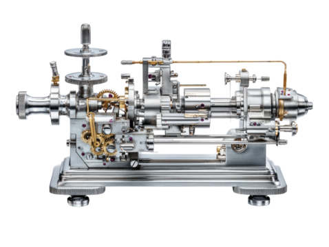 Precision machine, intricate components.  Complex, metallic apparatus.  Detailed engineering.  Small, detailed machine.  Engine, mechanical, scientific.  Precisely crafted.  Engraved parts.