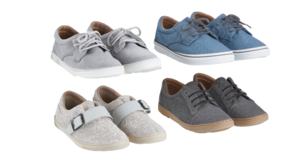 Four pairs of casual shoes in muted tones.  Gray, light gray, and denim blue.  Lace-up and strap styles.  Flat soles.  Studio shot