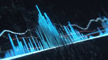 Digital data visualization displays vibrant blue and white graphs representing statistical information. abstract design conveys sense of technology and analysis, ideal for financial or analytical