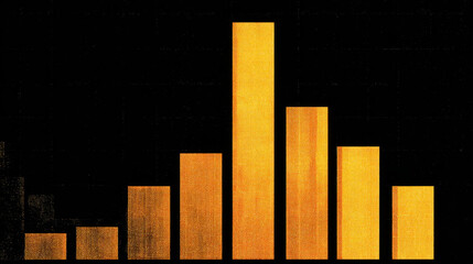 Golden bar graph representing data trends and statistics, showcasing varying heights of bars against black background. This conveys sense of growth and analysis in financial or business contexts