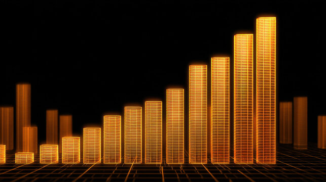 Digital graph representing growth with glowing bars, showcasing upward trend data visualization. vibrant orange color against black background creates striking contrast, emphasizing progress