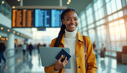 African-American young woman smiling at international airport, enthusiastically holding passport and laptop, surrounded by vibrant departure board, showcasing excitement for global travel.
